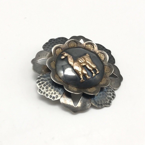 Vintage 925 Sterling Silver 18k Yellow Gold Camel Llama Brooch Pin Pendant - Picture 2 of 8